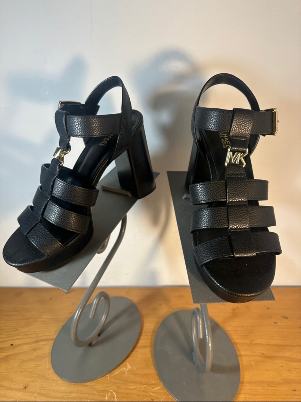 Michael Kors Black Leather Strappy Block Heel Sandals with Gold MK Accent